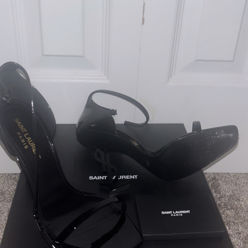 Saint Laurent Shiny Black Ankle Strap Heels